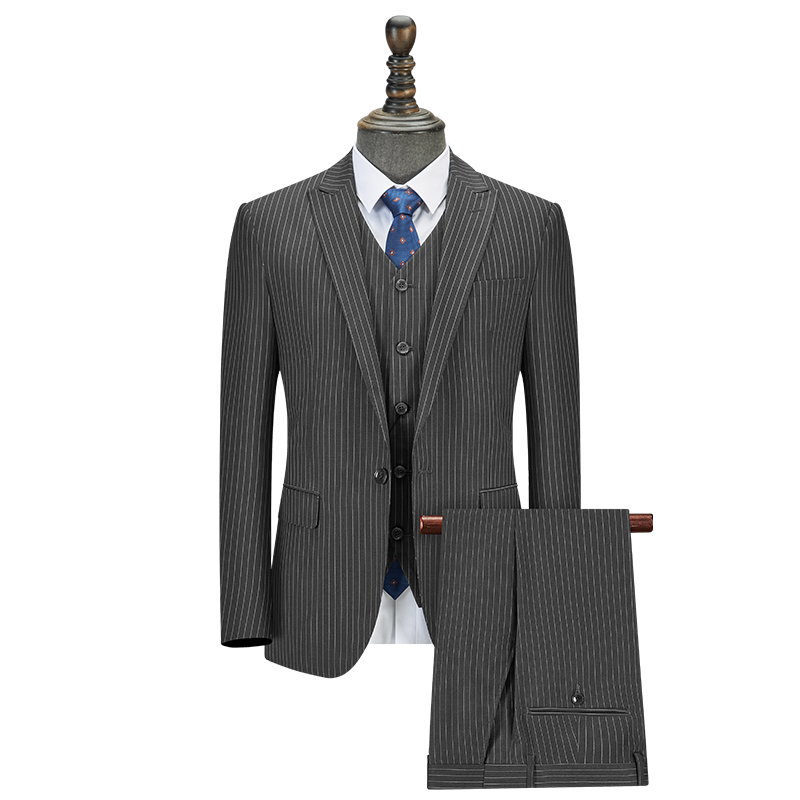3-Piece Moderate Fit Men’s Grey Pinstripe Suit Set, Polyester Viscose Wrinkle Resistant Blazer Vest Trousers Formal Business Suit for Wedding Office