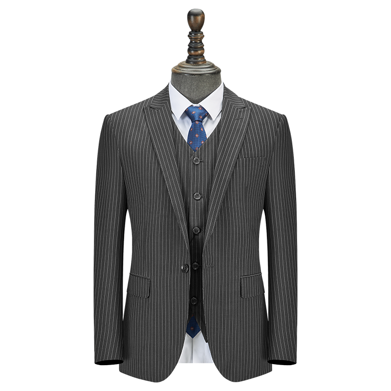 3-Piece Moderate Fit Men’s Grey Pinstripe Suit Set, Polyester Viscose Wrinkle Resistant Blazer Vest Trousers Formal Business Suit for Wedding Office - 图片 3