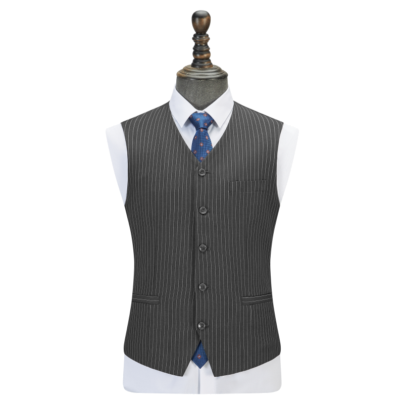 3-Piece Moderate Fit Men’s Grey Pinstripe Suit Set, Polyester Viscose Wrinkle Resistant Blazer Vest Trousers Formal Business Suit for Wedding Office - 图片 6