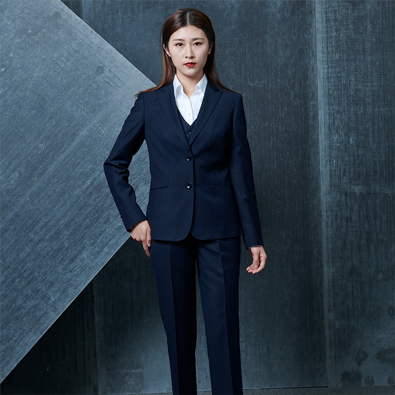 Navy Pinstripe Women Suit Model Display