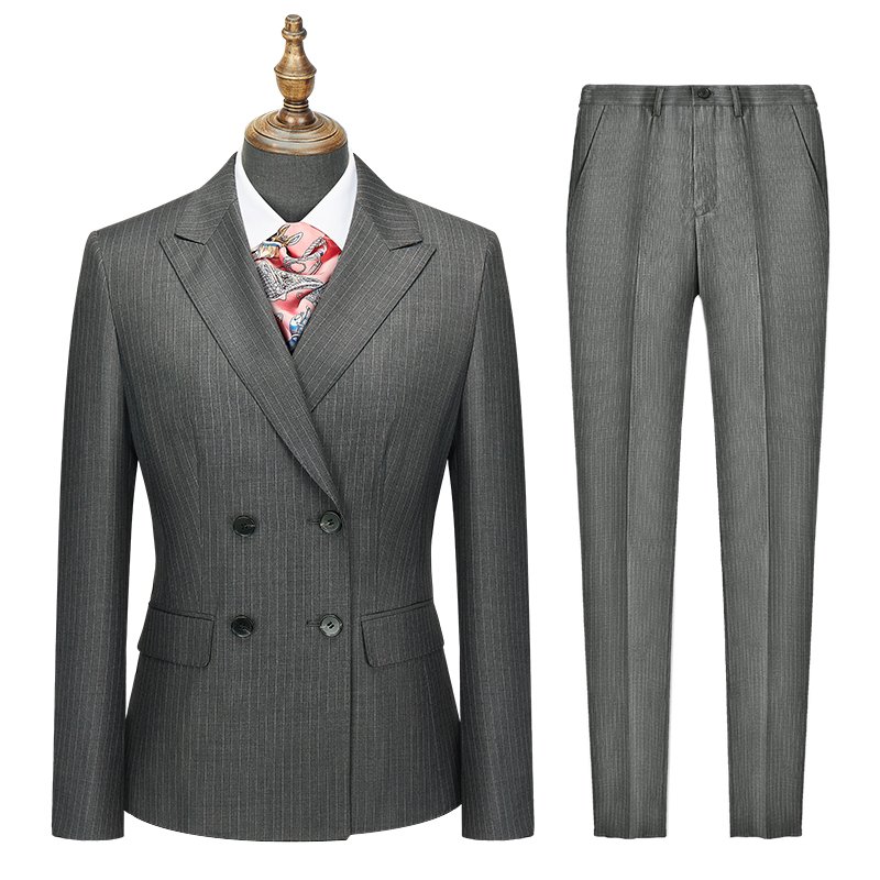Women Grey Pinstripe Wool Blend Double Breasted Business Suit Two-Piece Set