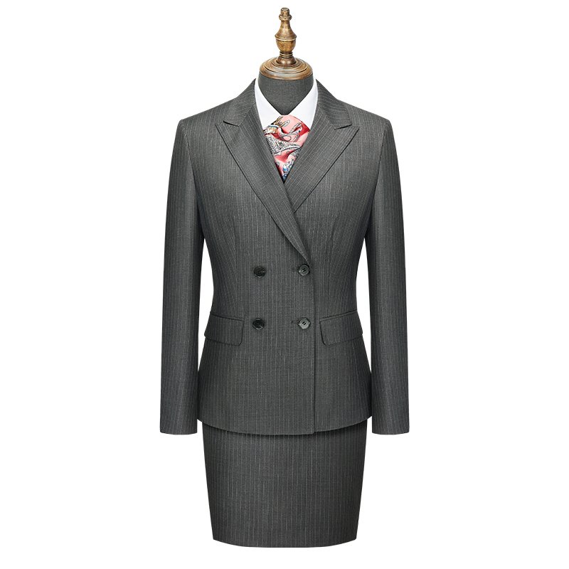 Women Grey Pinstripe Wool Blend Double Breasted Business Suit Two-Piece Set - 图片 2