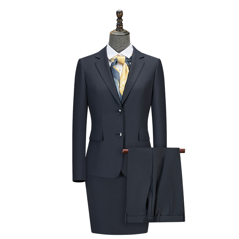 Women Two Button Wool Tencel Business Suit, 3 Colors Black Navy Grey Office Uniform Skirt & Trousers Set
