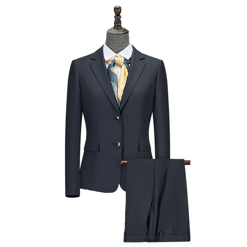 Women Two Button Wool Tencel Business Suit, 3 Colors Black Navy Grey Office Uniform Skirt & Trousers Set - 图片 2