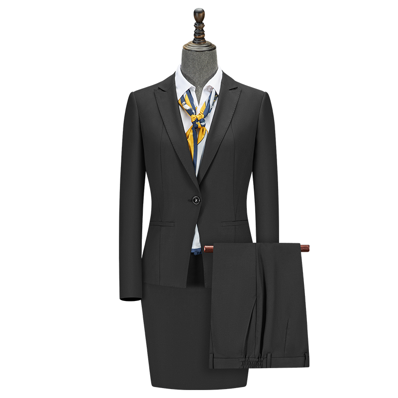 Women Two Button Wool Tencel Business Suit, 3 Colors Black Navy Grey Office Uniform Skirt & Trousers Set - 图片 3