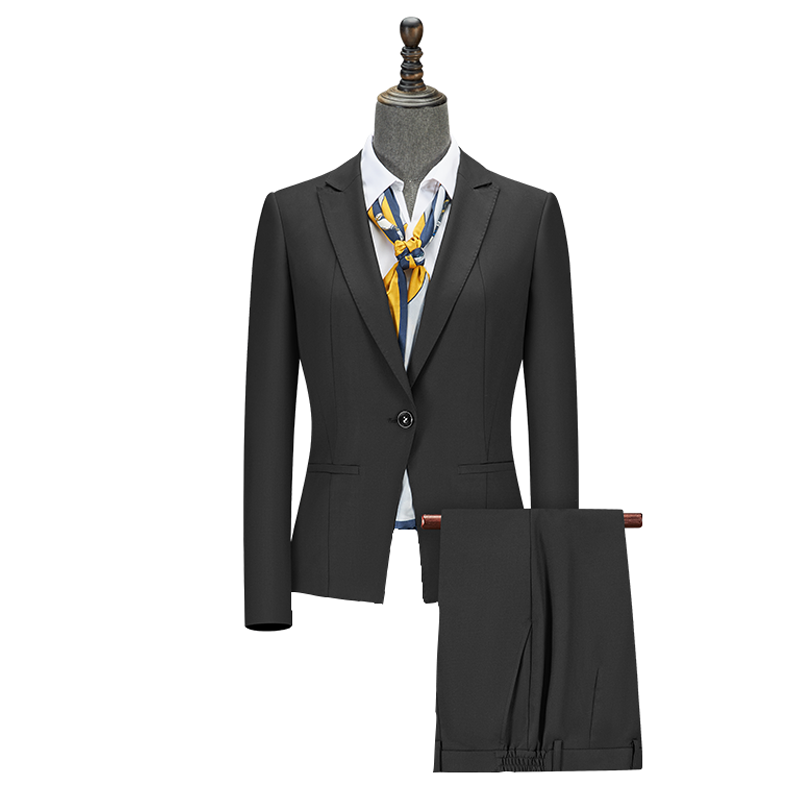 Women Two Button Wool Tencel Business Suit, 3 Colors Black Navy Grey Office Uniform Skirt & Trousers Set - 图片 4