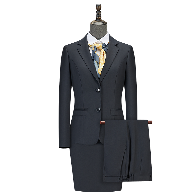 Women Two Button Wool Tencel Business Suit, 3 Colors Black Navy Grey Office Uniform Skirt & Trousers Set - 图片 5