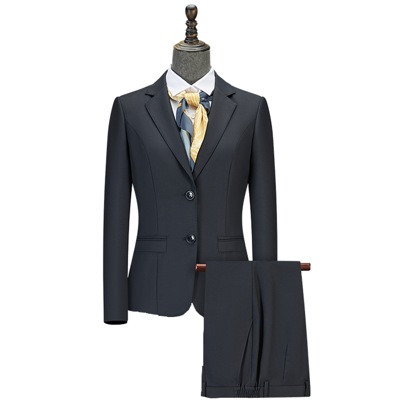 Women Two Button Wool Tencel Business Suit, 3 Colors Black Navy Grey Office Uniform Skirt & Trousers Set - 图片 6