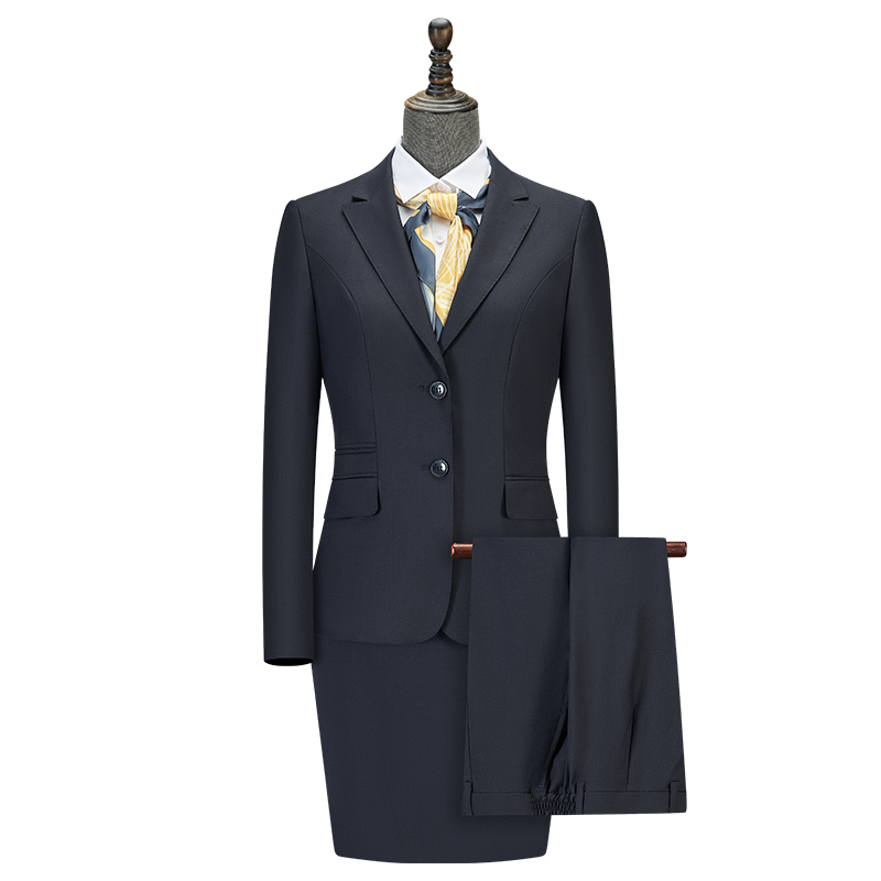 Women Two Button Anti-static Wool Business Suit, Dark Navy Office Uniform Skirt & Elastic Waist Trousers Set