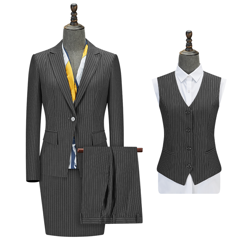 Women Single Button Fitted Light Business Suit, 3 Colors Grey Pinstripe Black Dark Navy Office Uniform Blazer Vest Skirt Trousers Set
