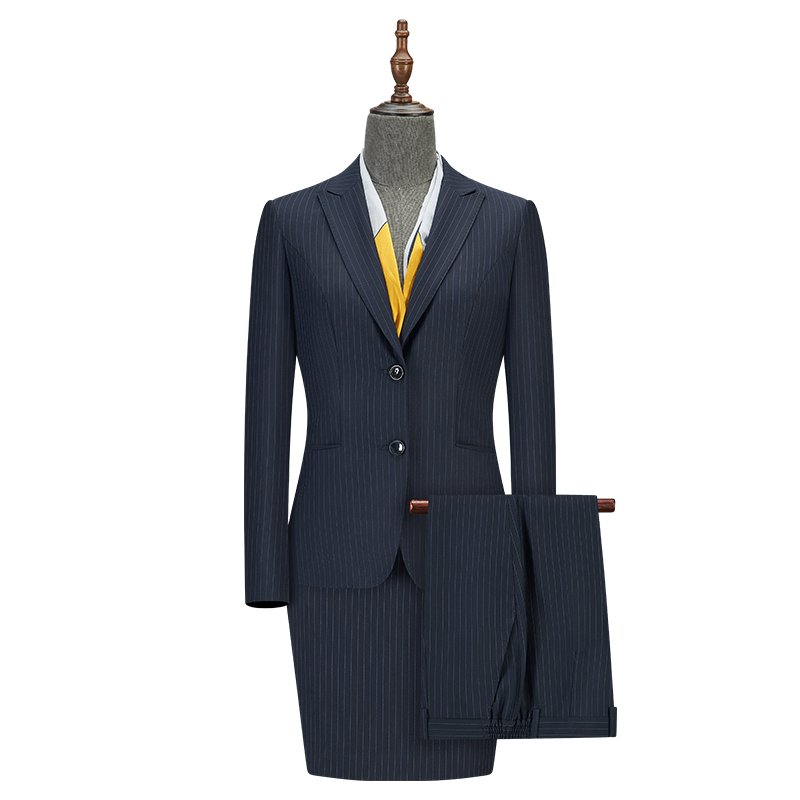 Navy Pinstripe 100% Wool Women's 3 Piece Suit | Blazer Waistcoat Skirt Formal Business Work Suit - 图片 7