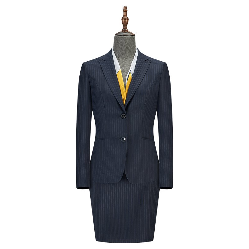 Navy Pinstripe 100% Wool Women's 3 Piece Suit | Blazer Waistcoat Skirt Formal Business Work Suit - 图片 5