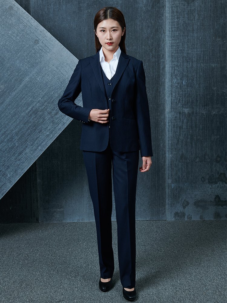 Navy Pinstripe Women 3 Piece Wool Business Suit Full Model Display