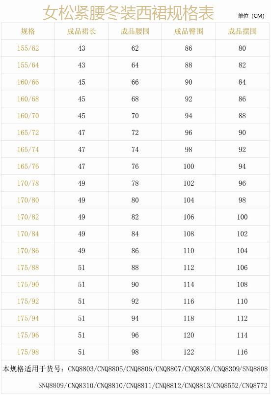 Skirt & Trousers Waist Size Chart