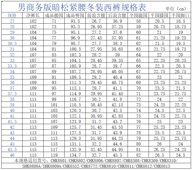 Trousers Waist Size Chart