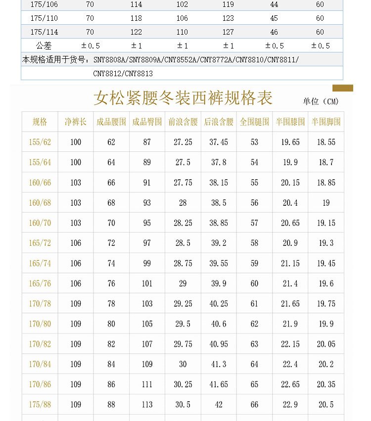 Skirt & Trousers Waist Size Chart